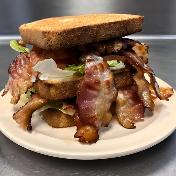 A towering BLT sandwich with crispy bacon, lettuce, and tomato on toasted bread.