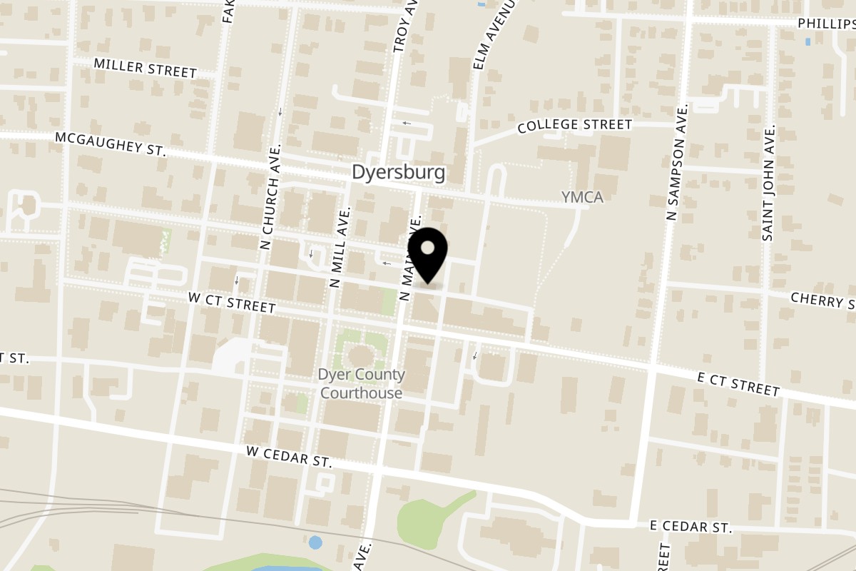 Map showing the location of Alvino's Pizza on 112 N Main Ave in Dyersburg